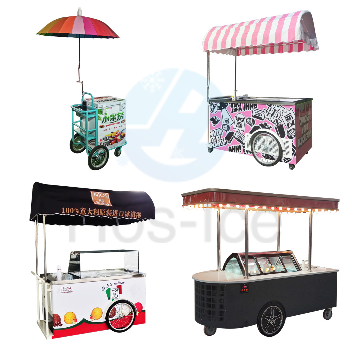 Mobile italian ice cream hand push cart with display freezer gelato stand cart 3 wheels scooter ice cream cart