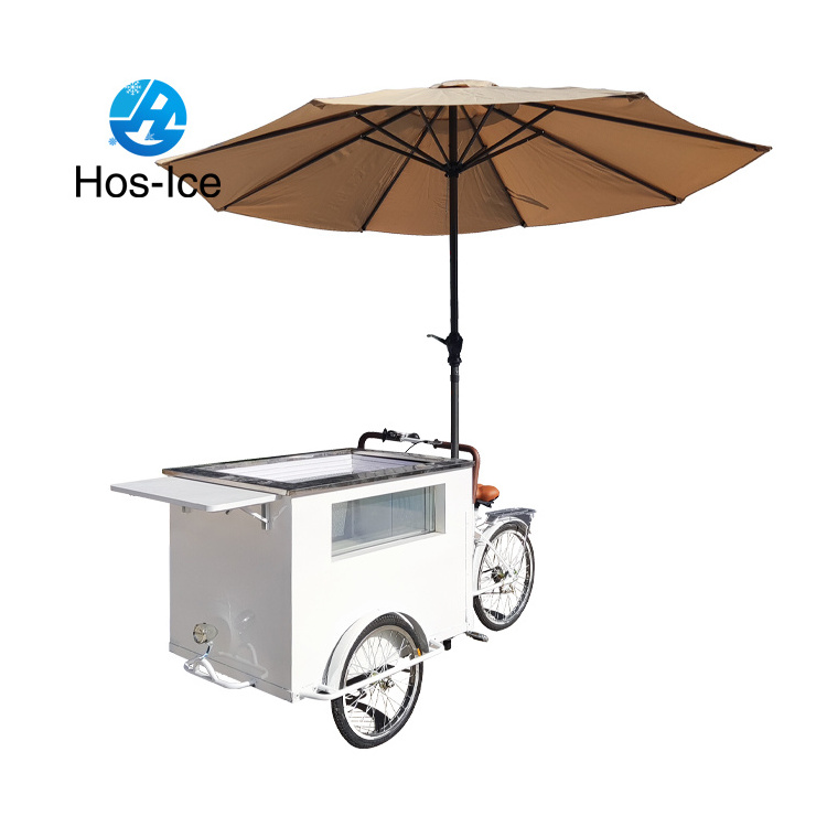 Mobile italian ice cream hand push cart with display freezer gelato stand cart 3 wheels scooter ice cream cart