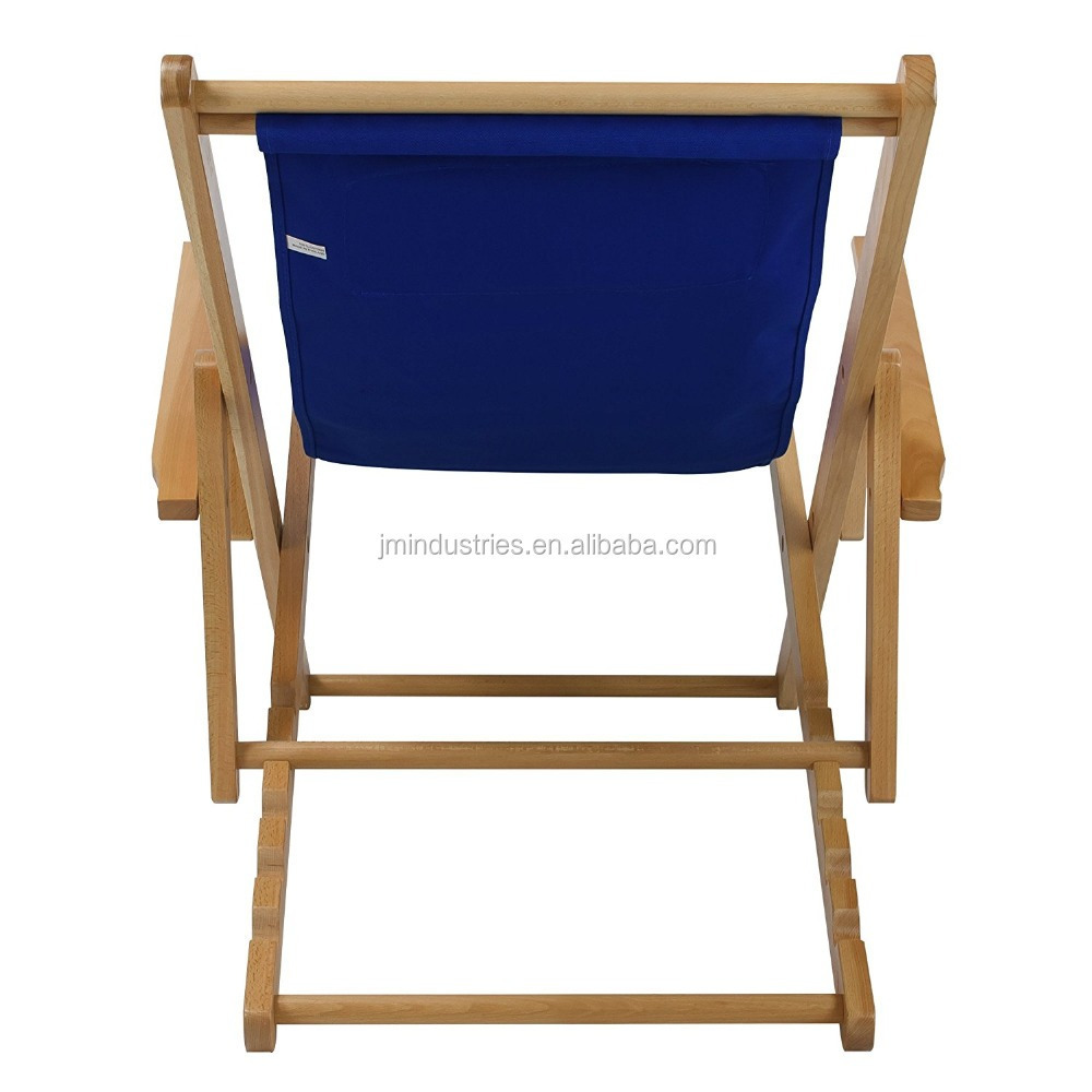 Hot Seller Foldable Outdoor Poplar Wood Blue Sling Beach Deck Chair