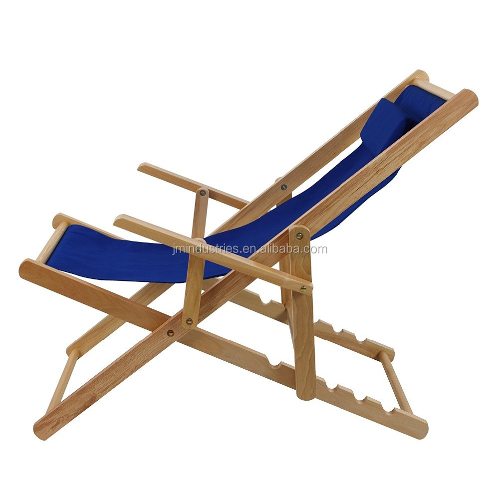 Hot Seller Foldable Outdoor Poplar Wood Blue Sling Beach Deck Chair