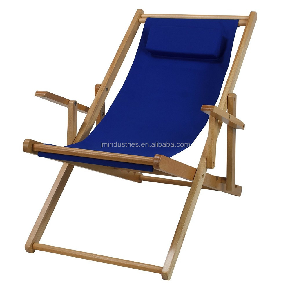 Hot Seller Foldable Outdoor Poplar Wood Blue Sling Beach Deck Chair