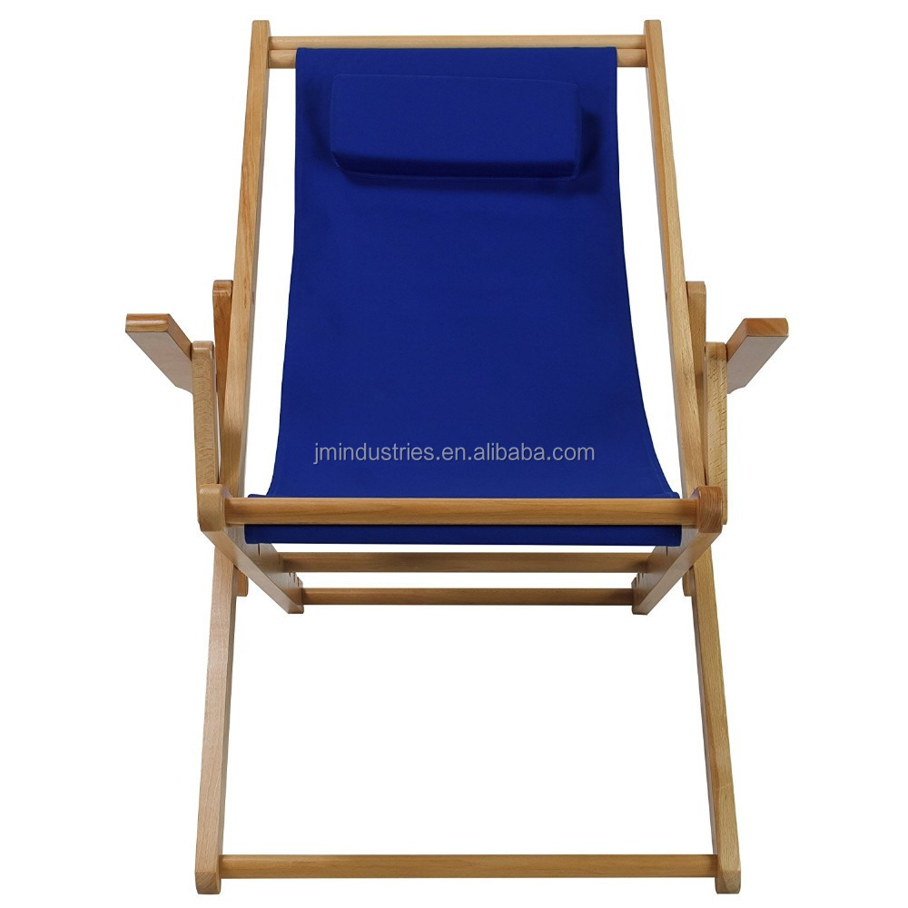 Hot Seller Foldable Outdoor Poplar Wood Blue Sling Beach Deck Chair