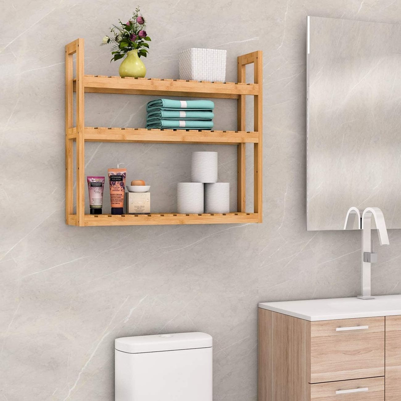 Bathroom Organizer Shelves Bamboo Adjustable 3 Tiers Floating Shelf Over The Toilet Storage