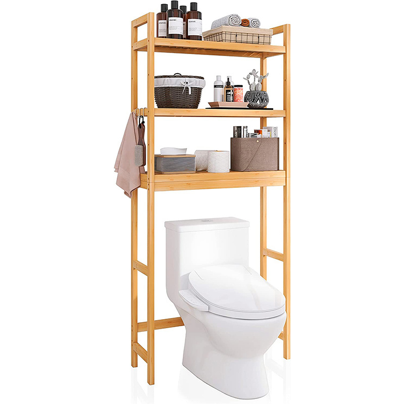 Bathroom Storage Shelf Bamboo Over The Toilet Organizer Rack Freestanding Toilet Space Saver with 3-Tier Adjustable Shelves