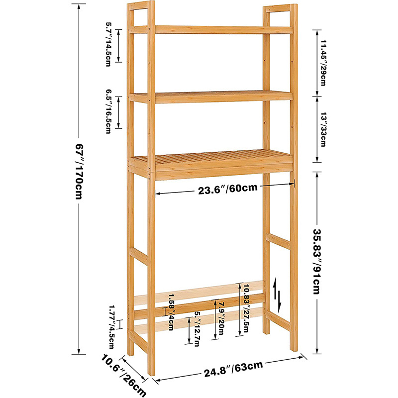 Bathroom Storage Shelf Bamboo Over The Toilet Organizer Rack Freestanding Toilet Space Saver with 3-Tier Adjustable Shelves