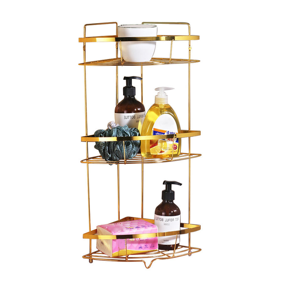 Plating Gold Bathroom Corner Shelf 3 Tiers Durable Metal Wire Corner Shower Caddy Standing Multi Function Storage Rack