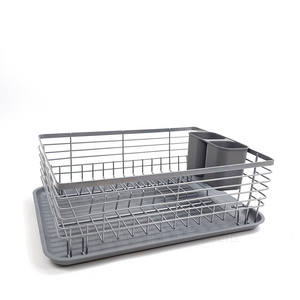 Modern Light Grey Plastic Cutlery Holder Dish Drying Rack Metal Over Sink Kitchen Dish Rack with Drain Tray