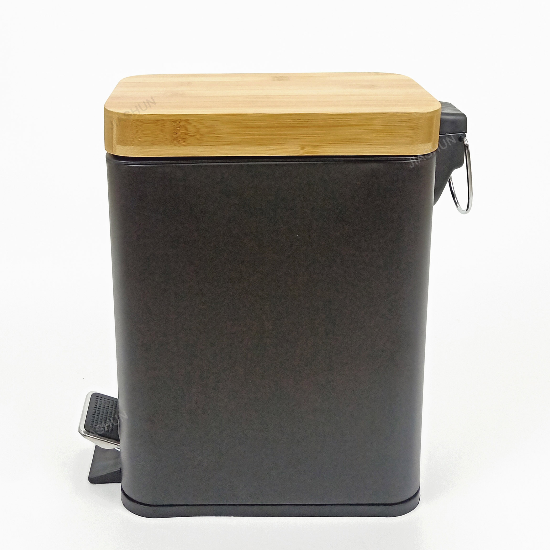 Modern Matte Black Dust Bin Metal Square Waste Bin Buffer Foot Pedal 5L Trash Can  With Bamboo Lid