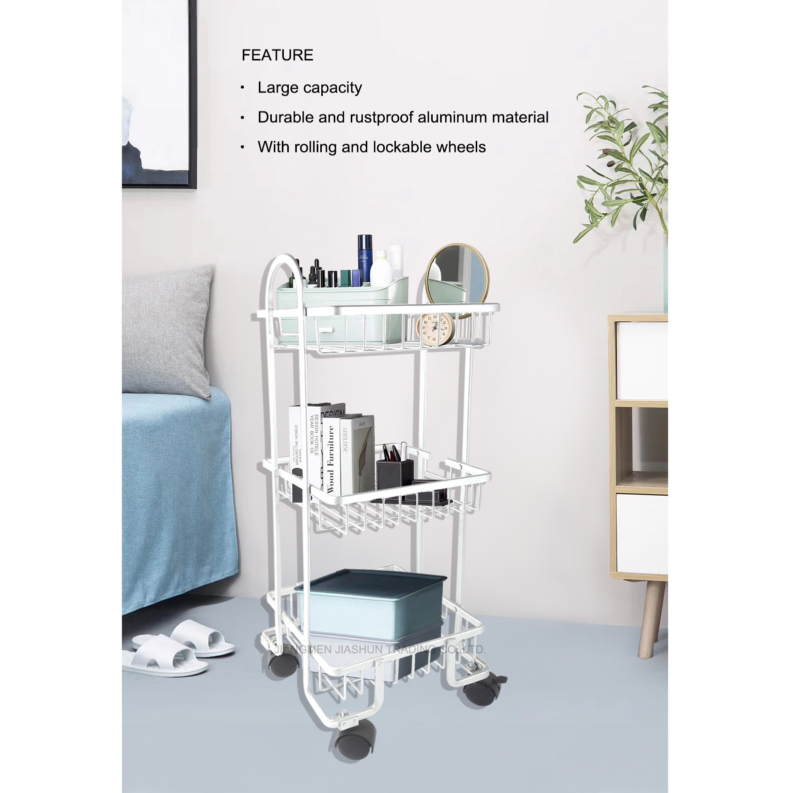 Multi Functional Aluminum Storage Shelving Unit Organizer Slide Out 3 Tiers Rolling Storage Cart with Lockable Wheels