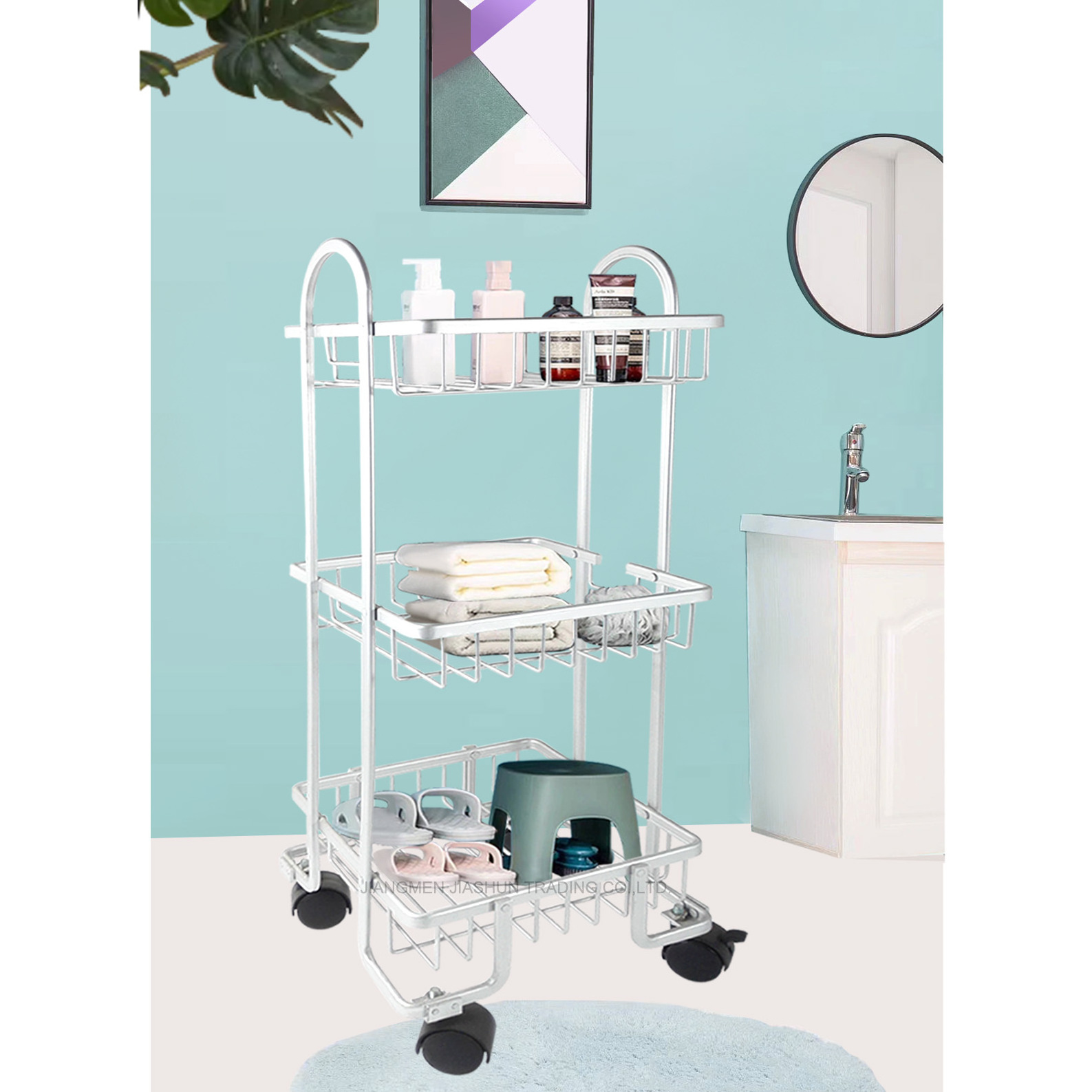 Multi Functional Aluminum Storage Shelving Unit Organizer Slide Out 3 Tiers Rolling Storage Cart with Lockable Wheels