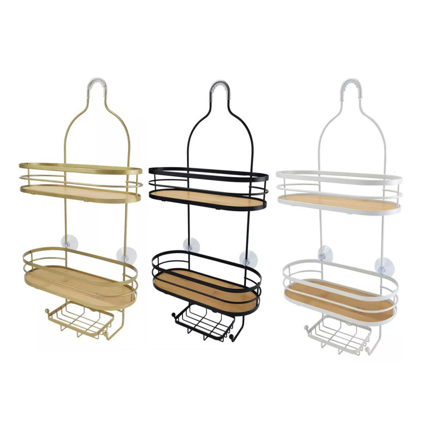 Luxury Gold Bathroom Rack Shampoo Storage Shower Shelf With Bamboo Base Hanging Wall Mounted Shower Caddy