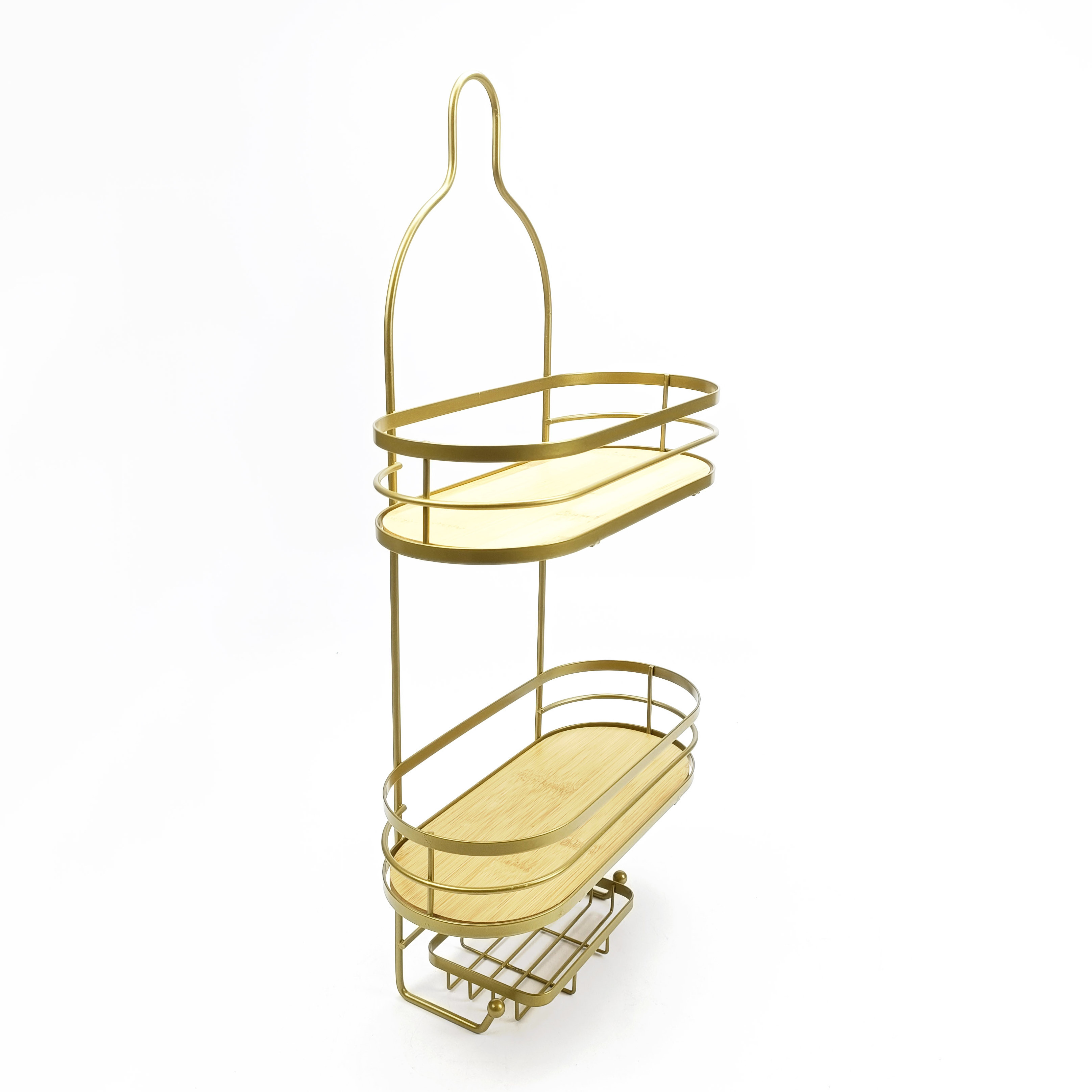 Luxury Gold Bathroom Rack Shampoo Storage Shower Shelf With Bamboo Base Hanging Wall Mounted Shower Caddy