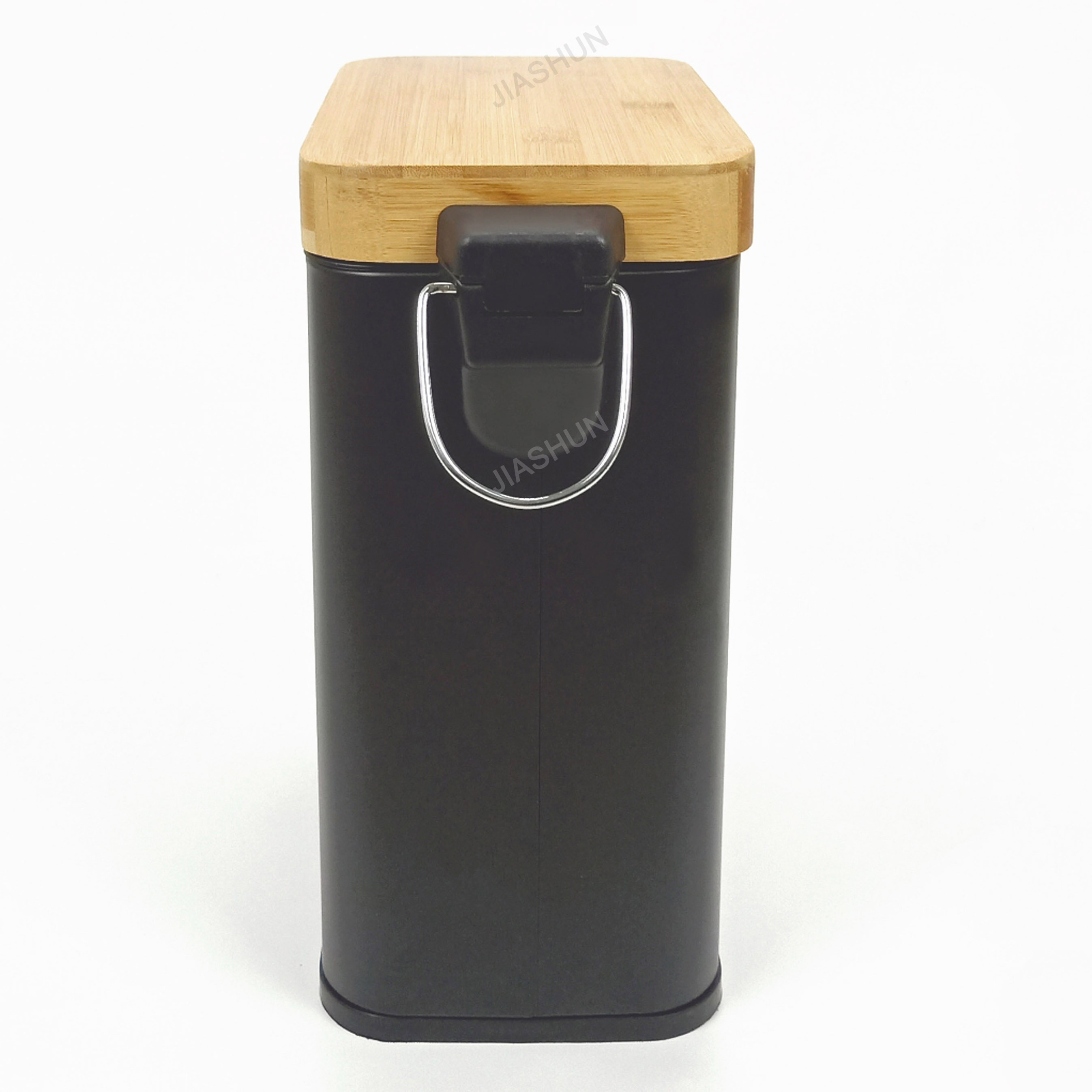 Modern Matte Black Dust Bin Metal Square Waste Bin Buffer Foot Pedal 5L Trash Can  With Bamboo Lid