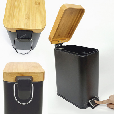 Modern Matte Black Dust Bin Metal Square Waste Bin Buffer Foot Pedal 5L Trash Can  With Bamboo Lid