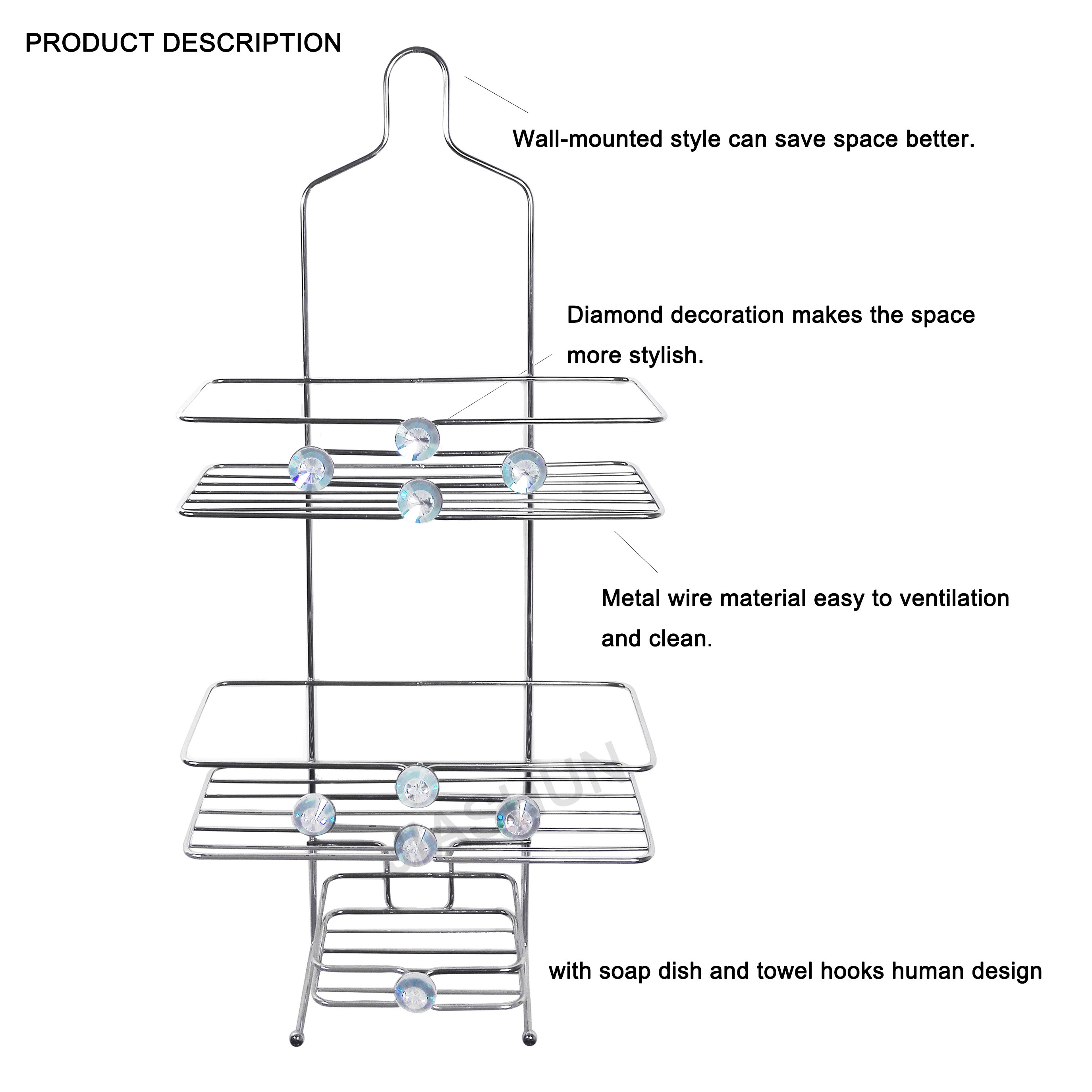 Modern Chrome Plating Shower Hanging Over Head Shower Caddy Crystal Decor 3 Tiers Metal Shower Shelf