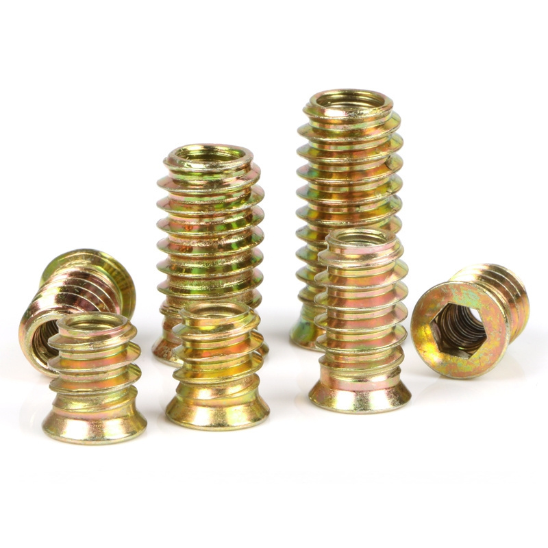 Yellow Zinc Plated Carbon steel Din7965 M6 M8 M10 Internal Outside Threaded Screw Furniture Insert Nuts for Wood