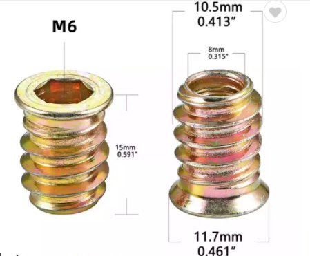 Yellow Zinc Plated Carbon steel Din7965 M6 M8 M10 Internal Outside Threaded Screw Furniture Insert Nuts for Wood