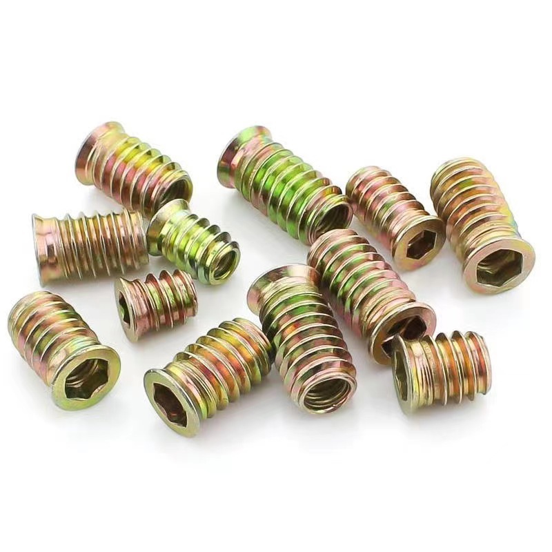 Yellow Zinc Plated Carbon steel Din7965 M6 M8 M10 Internal Outside Threaded Screw Furniture Insert Nuts for Wood