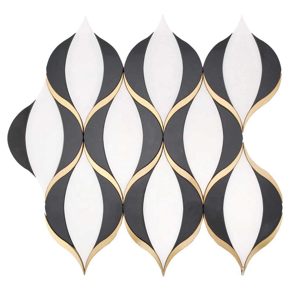 Luxury black and gold polished stone backsplash wall waterjet marble mosaic design tiles with brass