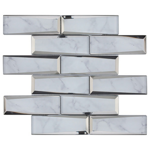 Luxury inkjet printing marble look 3d beveled subway kitchen wall decor glass mirror mosaic tiles