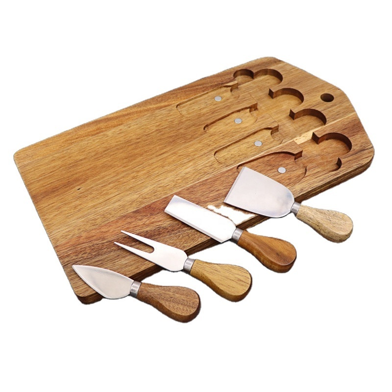 Hot Sale Bamboo Cheese Cutting Board with Slide-Out Drawer Stainless Steel Knife Set cheese board and knife set