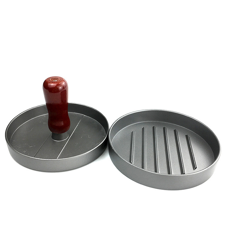 Top Sale round Burger Press Durable Stick Aluminum Alloy Hamburger Patty Maker with Wooden Handle for Meat and BBQ Use