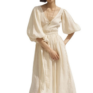 Fashion High Waist Deep V-Neck Half Sleeve Bandaged Women Long Linen Dress