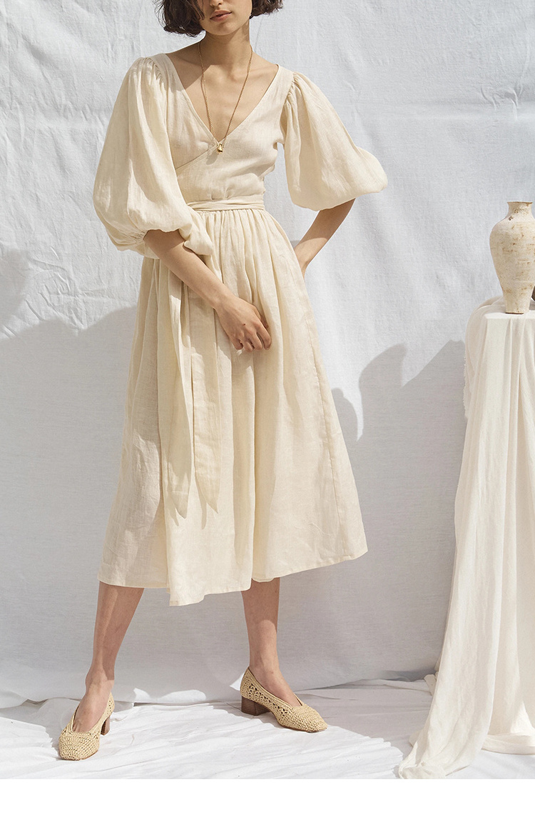 Fashion High Waist Deep V-Neck Half Sleeve Bandaged Women Long Linen Dress