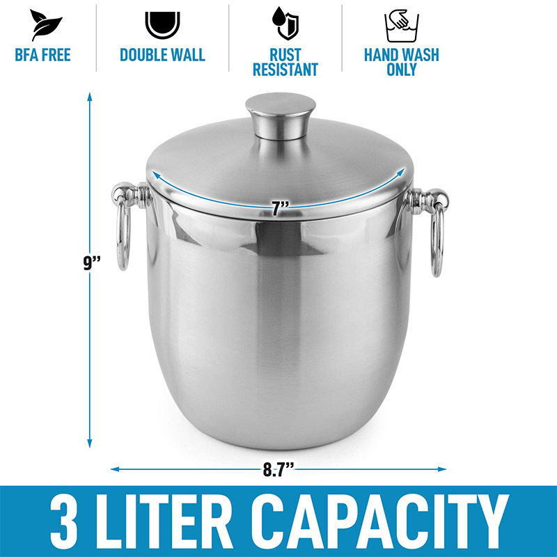 Wall Insulated Cocktail Bar Ice Bucket 3 Liter Double Stainless Steel Ice Bucket With Lid, Strainer & Tongs