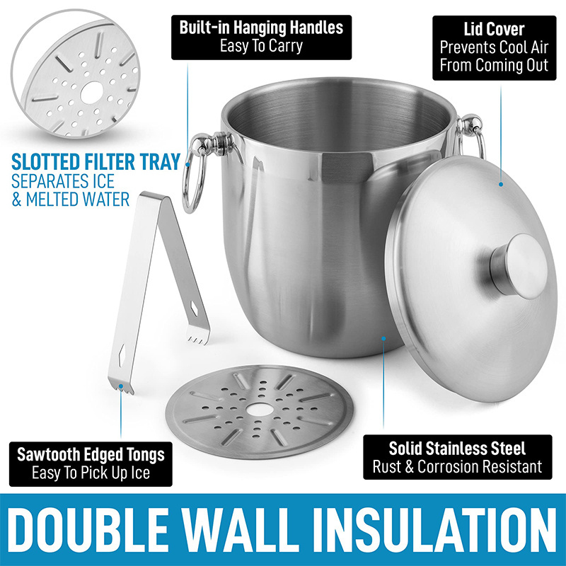 Wall Insulated Cocktail Bar Ice Bucket 3 Liter Double Stainless Steel Ice Bucket With Lid, Strainer & Tongs