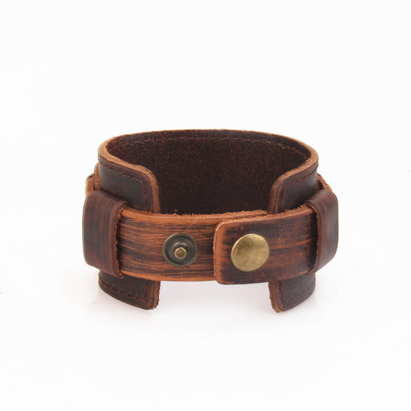 Custom Made Wide Genuine Leather Casual Mens Brown Cuff Bangle Bracelet