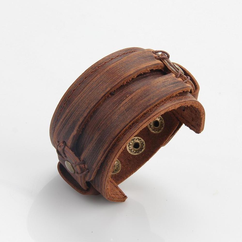 Custom Made Wide Genuine Leather Casual Mens Brown Cuff Bangle Bracelet