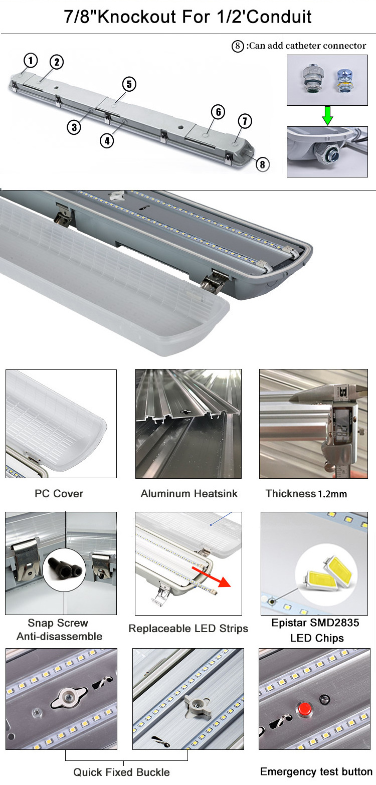 Super Bright LED Vapor Tight Fixture PC cover 0-10v dimming IP66 1.2m 4ft garage waterproof led tri-proof light