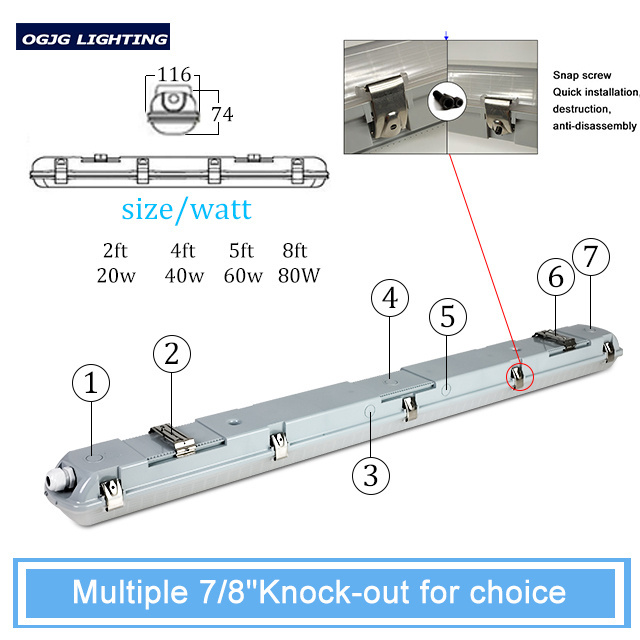 ETL IP66 linear lamp vapor tight fixture pendant tube light tri-proof 4 foot led shop light