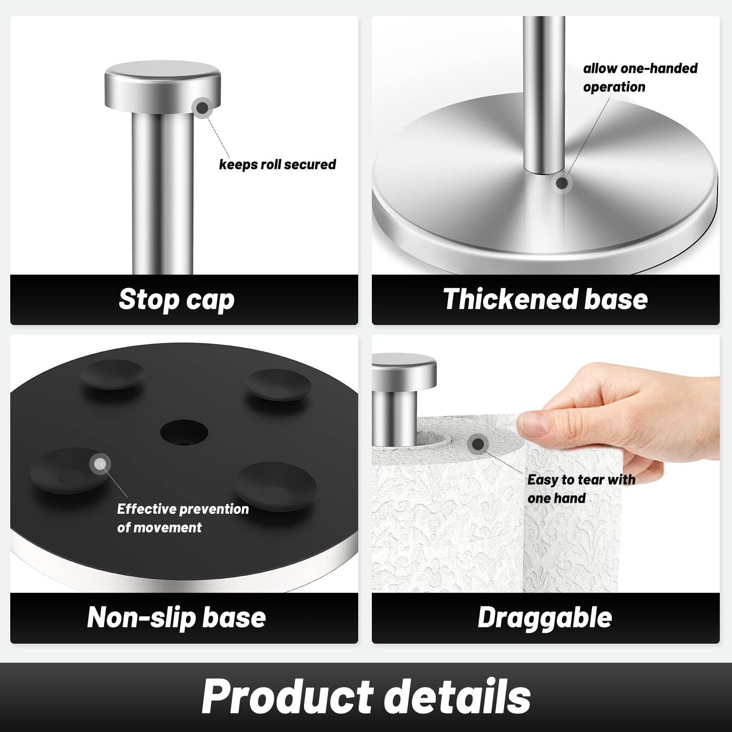 Silver Standing Paper Towel Roll Holder for Kitchen Bathroom with Weighted Base Suction Cups for One-Handed Operation