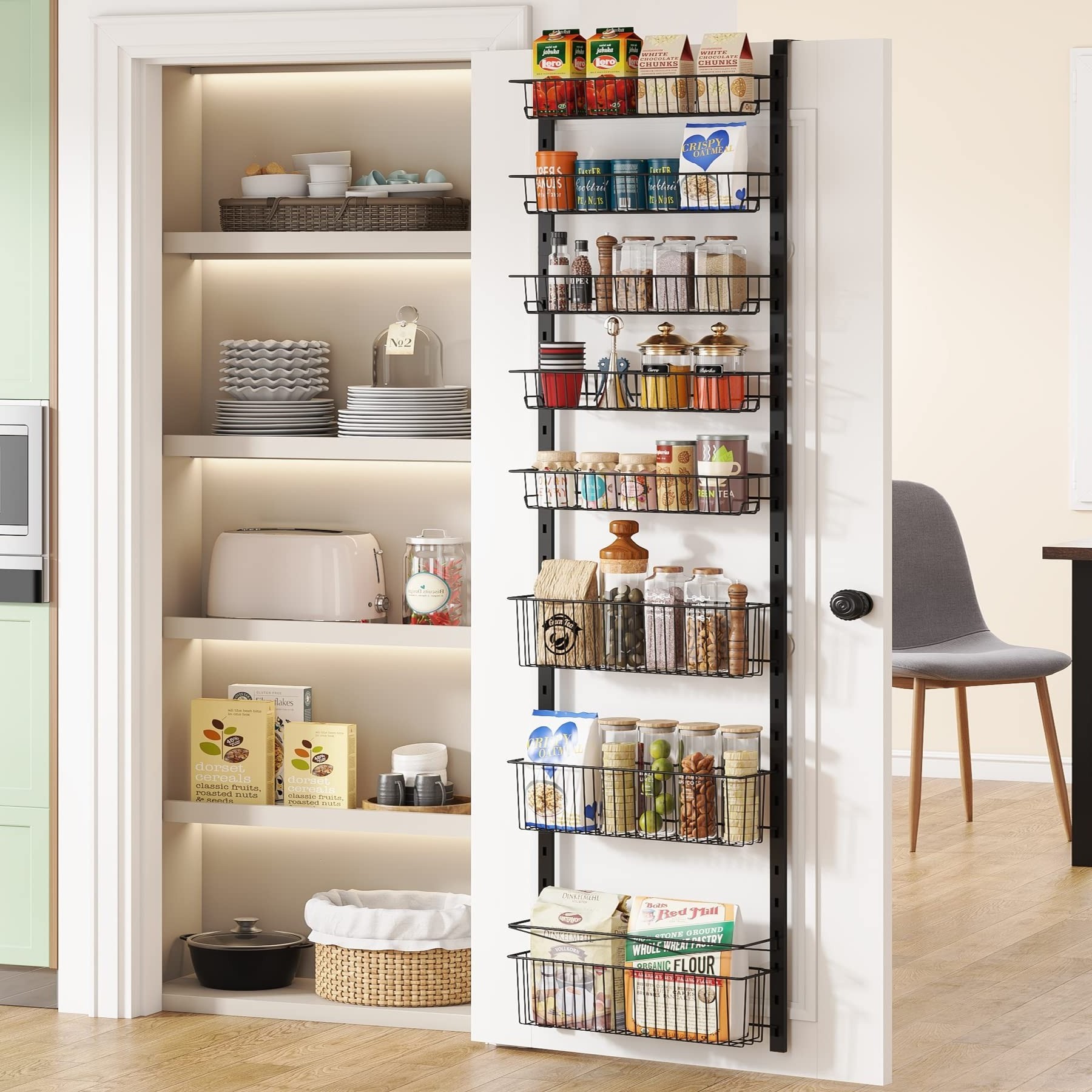 Over the Door Pantry Organizer, 8-Tier Adjustable Baskets Pantry Organization, Metal Door Shelf with Detachable Frame