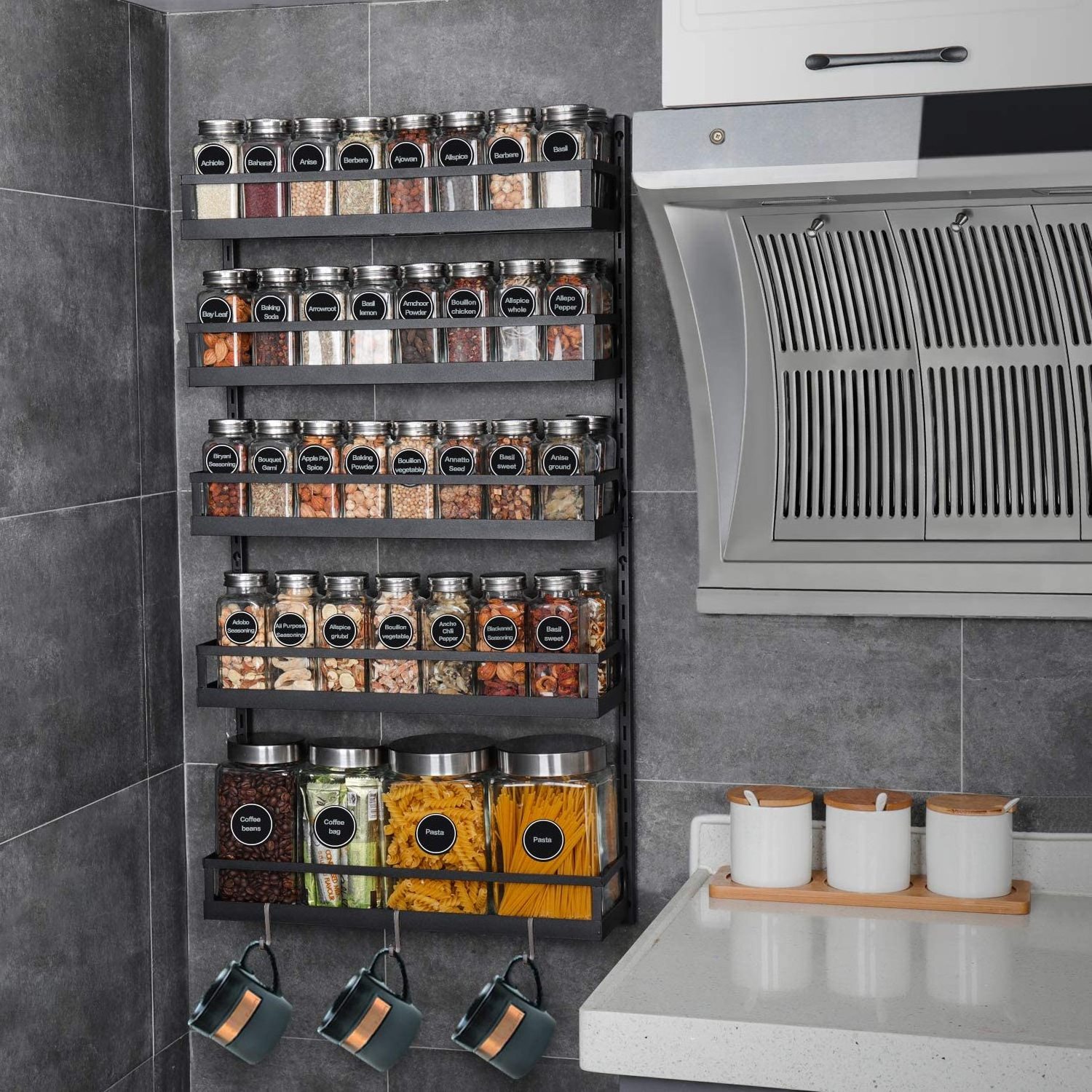 Wall Mount Spice Rack Organizer 5 Tier Height Adjustable Hanging Spice Shelf Storage for Kitchen Pantry Cabinet Door