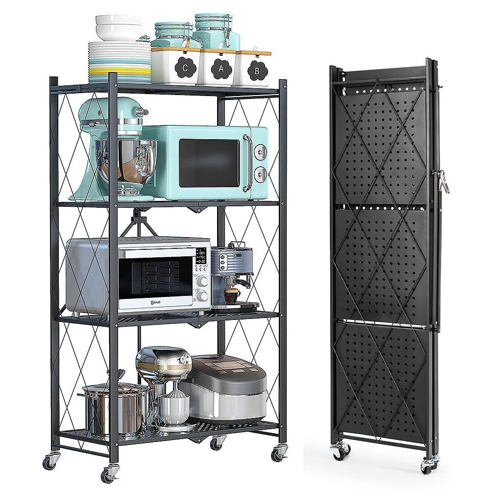 4 Tier Storage Shelf, Heavy Duty Foldable Shelving Units with Wheels, Metal Storage Rack