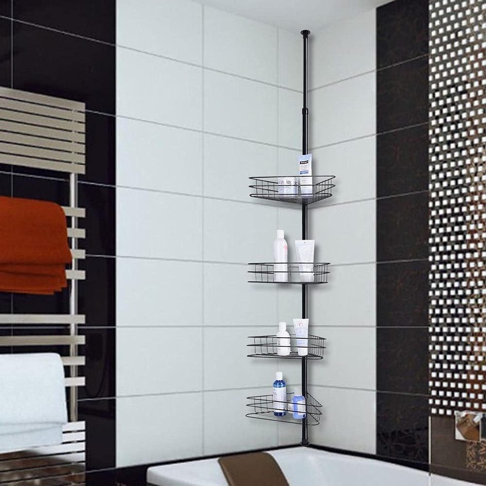 In Stock Silver Black 4 Pole Wall Rack Storage Organizer Stainless Steel 4 Tier Telescopic Corner Shower Shelf Caddy