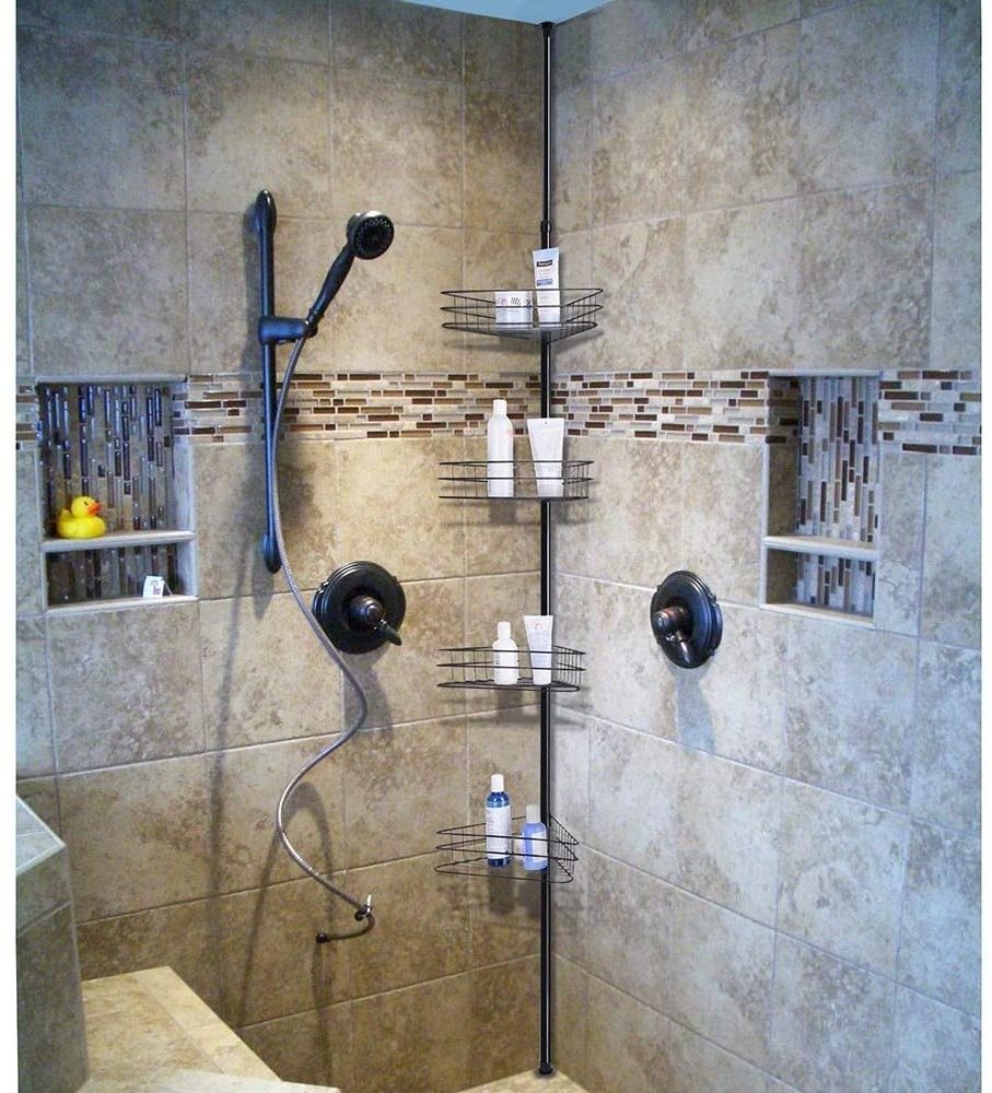 In Stock Silver Black 4 Pole Wall Rack Storage Organizer Stainless Steel 4 Tier Telescopic Corner Shower Shelf Caddy