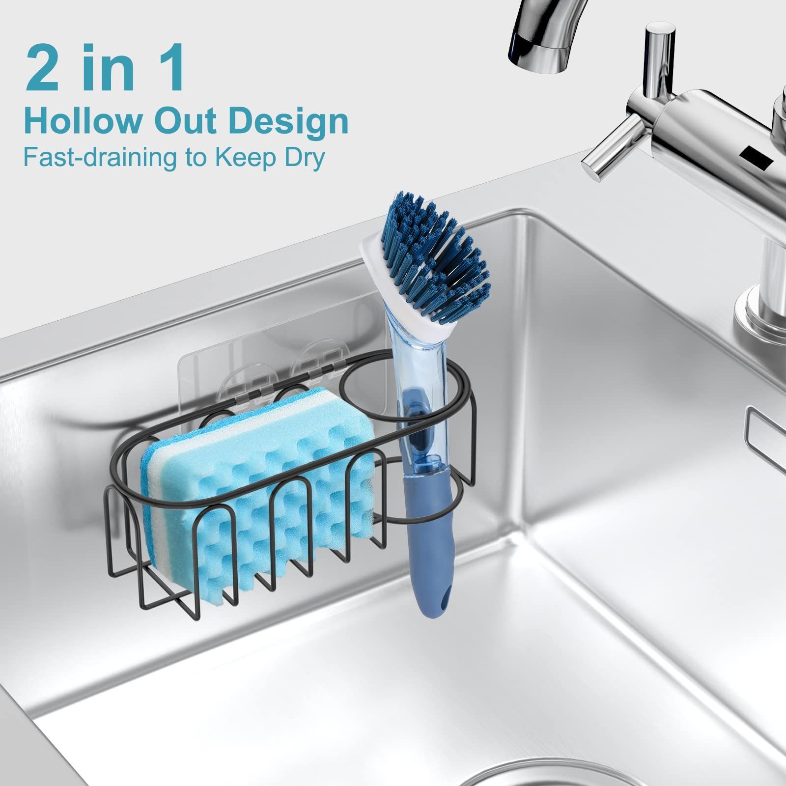 Hot Sell No Drilling 2 in 1 SUS304 Stainless Steel Sink Sponge Holder Adhesive Sponge Caddy for Kitchen Sink,