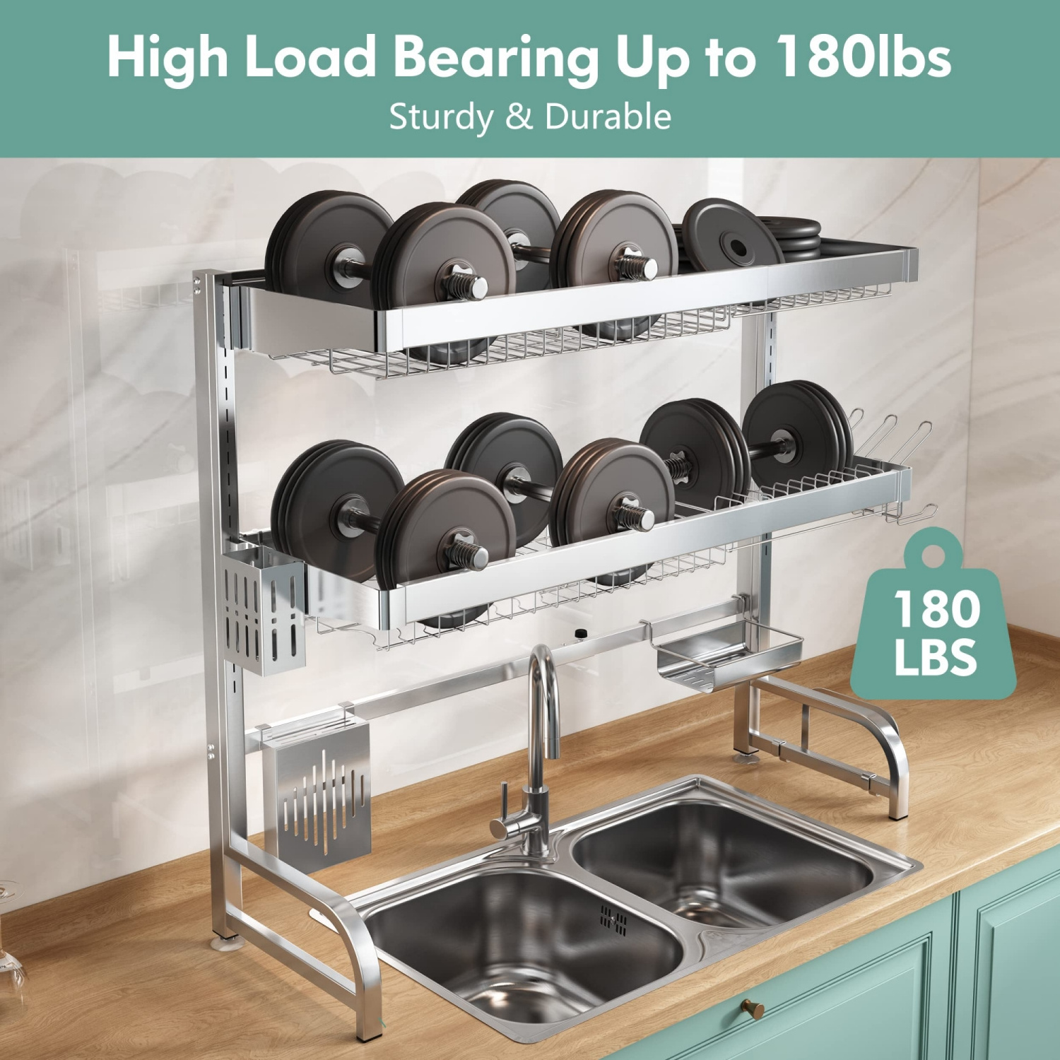 304 Stainless Steel Large Dish Drainer for Kitchen, Height Adjustable Above Sink Shelf, Counter Storage Organizer