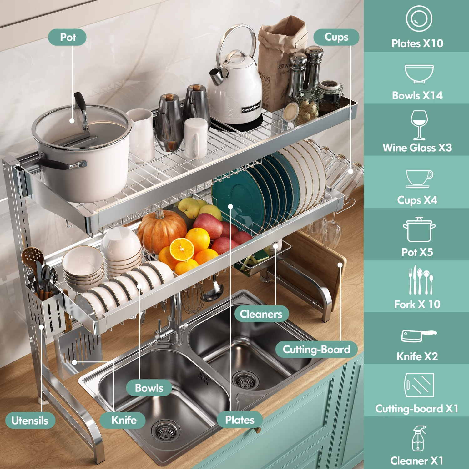 304 Stainless Steel Large Dish Drainer for Kitchen, Height Adjustable Above Sink Shelf, Counter Storage Organizer