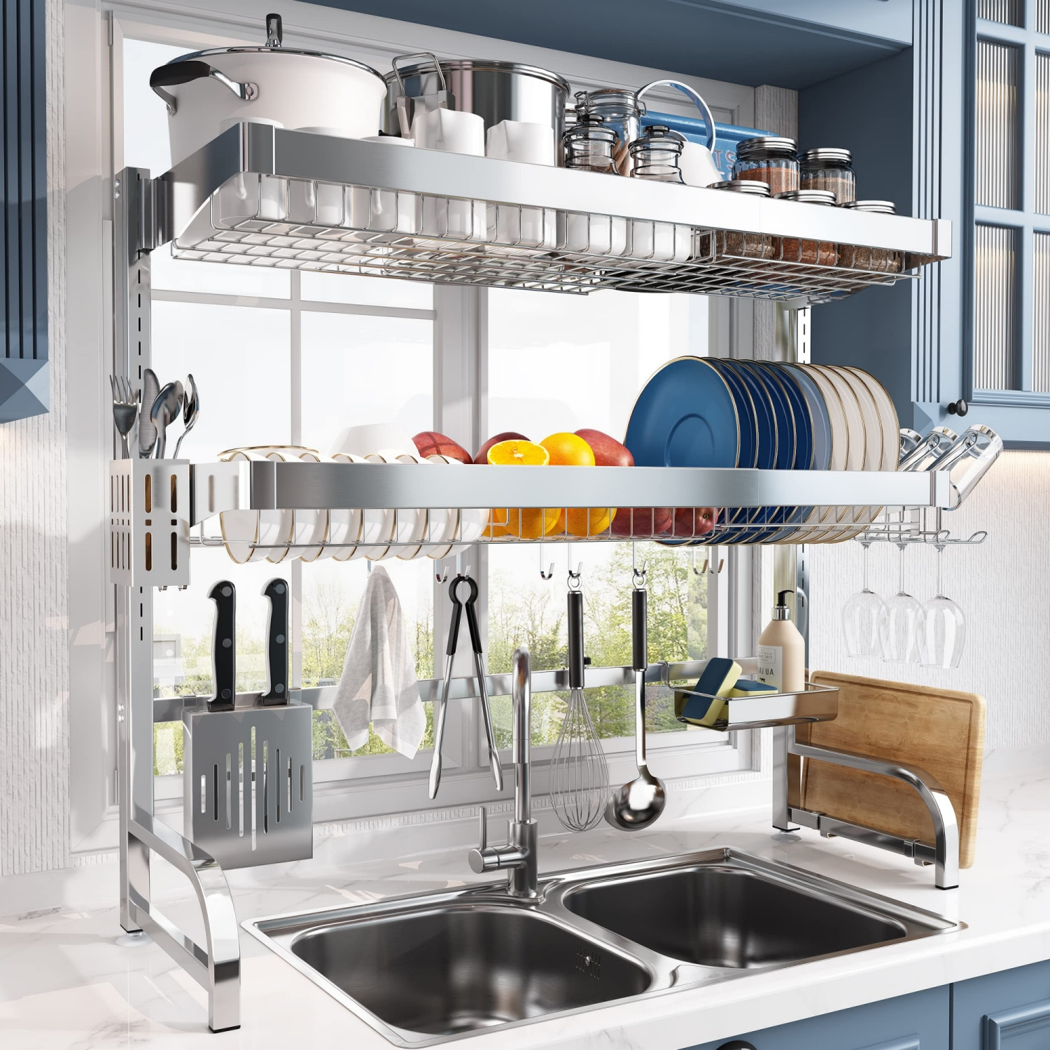 304 Stainless Steel Large Dish Drainer for Kitchen, Height Adjustable Above Sink Shelf, Counter Storage Organizer