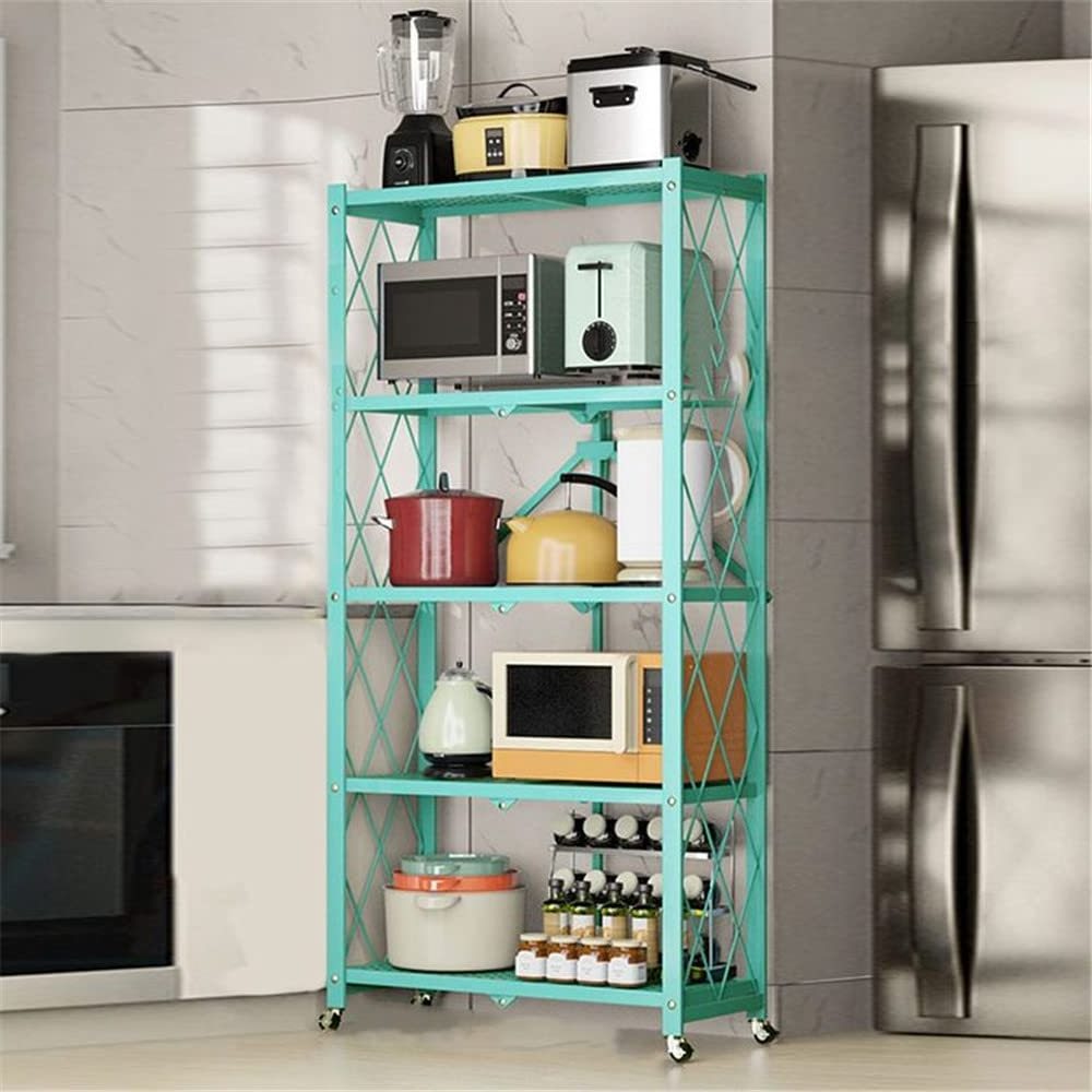 5 Tier Foldable Shelving Unit with Wheels, Freestanding Metal Storage Shelf Heavy Duty Standing Shelves Units