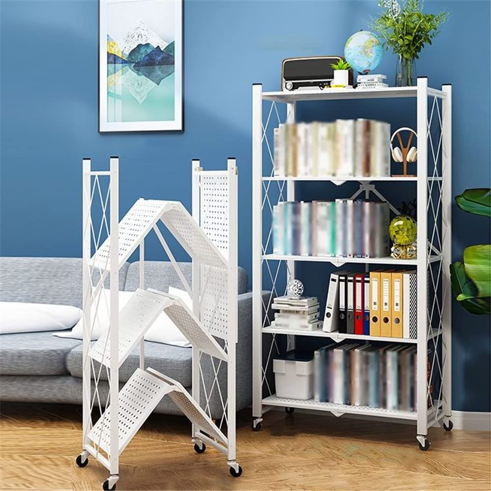 5 Tier Foldable Shelving Unit with Wheels, Freestanding Metal Storage Shelf Heavy Duty Standing Shelves Units