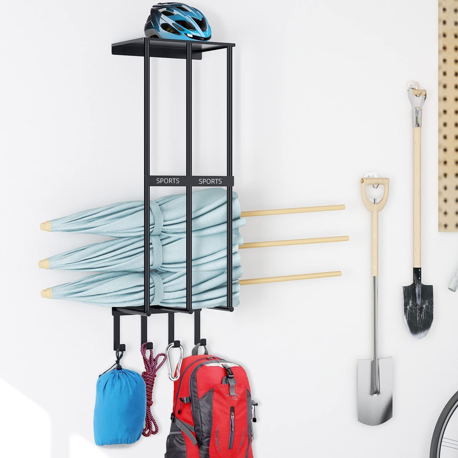 Camping Chair Storage, Metal Camping Chair Holder for Garage with 4 Hooks, Beach Chair and Umbrella Wall Storage Rack