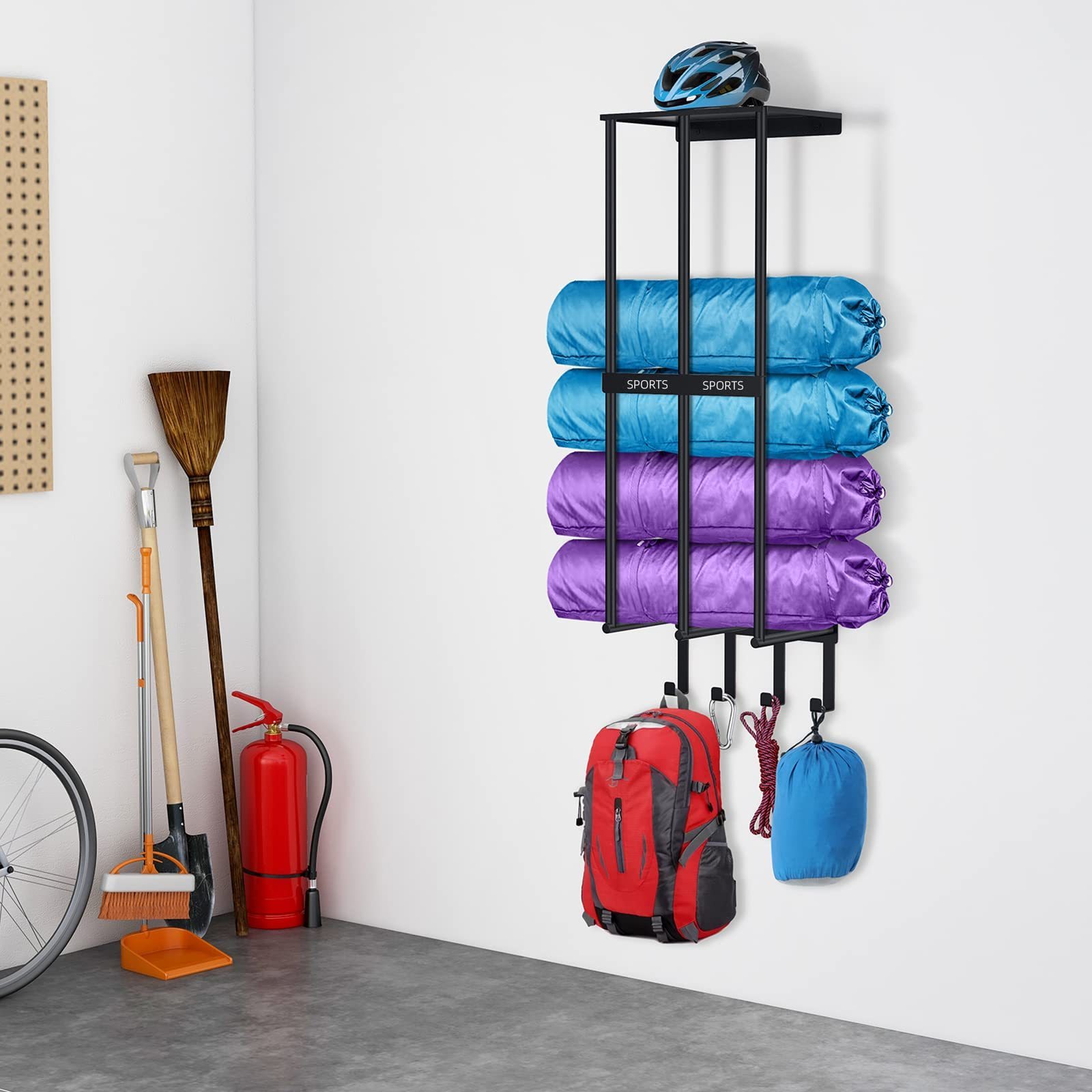 Camping Chair Storage, Metal Camping Chair Holder for Garage with 4 Hooks, Beach Chair and Umbrella Wall Storage Rack