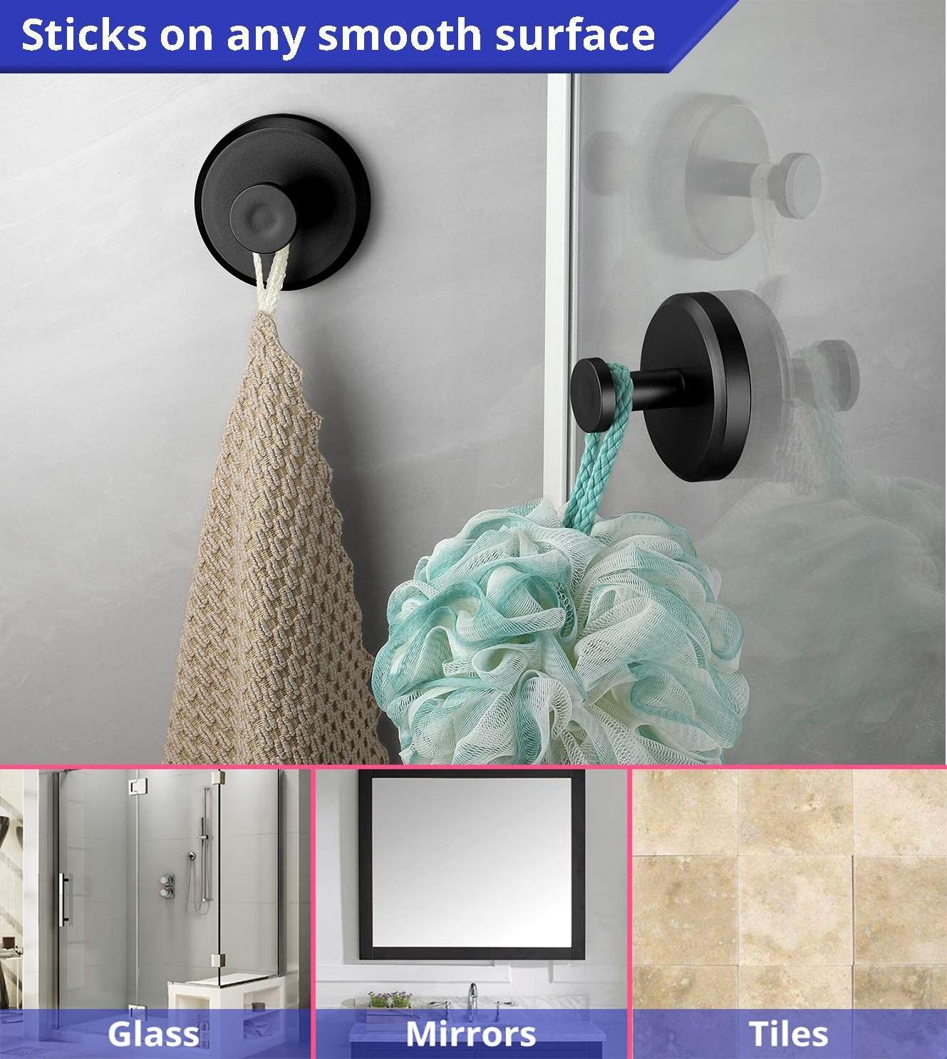 Suction Cup Hooks  Loofah, Towel, Coat, Bath Robe Hook Holder for Hanging up to 15 lbs Waterproof, Dark, Matte Black (2-Pack)