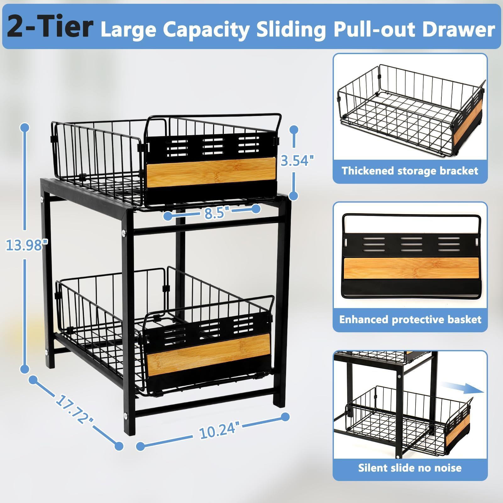 Under Sink Organizers and Storage, 2 Tier Sliding Cabinet Basket Organizer Drawers, Metal Under Sink Shelf for Kitchen